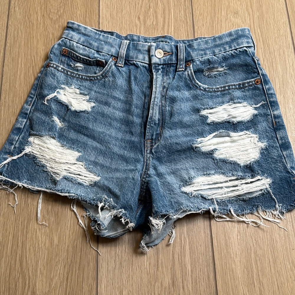 American Eagle Outfitters Blue Distressed Jean Shorts - Picture 2 of 10